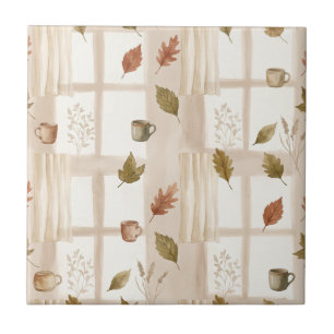 Cosy Autumn Window and Coffee Mugs in Earthy Tones Tile