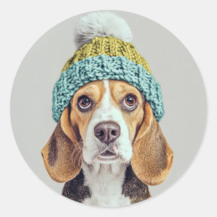 Cosy Beagle in a Winter Knit Hat Classic Round Sticker