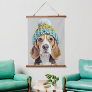 Cosy Beagle in a Winter Knit Hat Hanging Tapestry