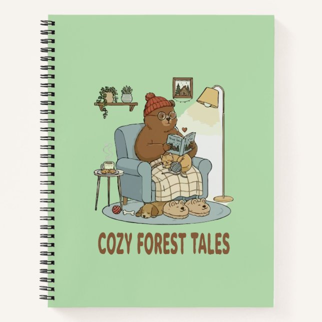 Cosy Bear Reading 'Forest Tales' with Cute Sleepin Notebook (Front)
