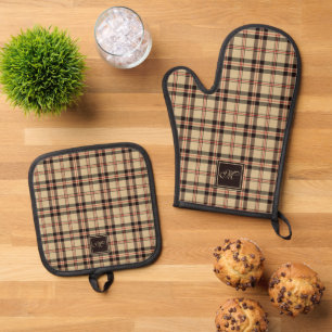 Cosy Beige Charcoal Grey Tartan Monogrammed Oven Mitt & Pot Holder Set