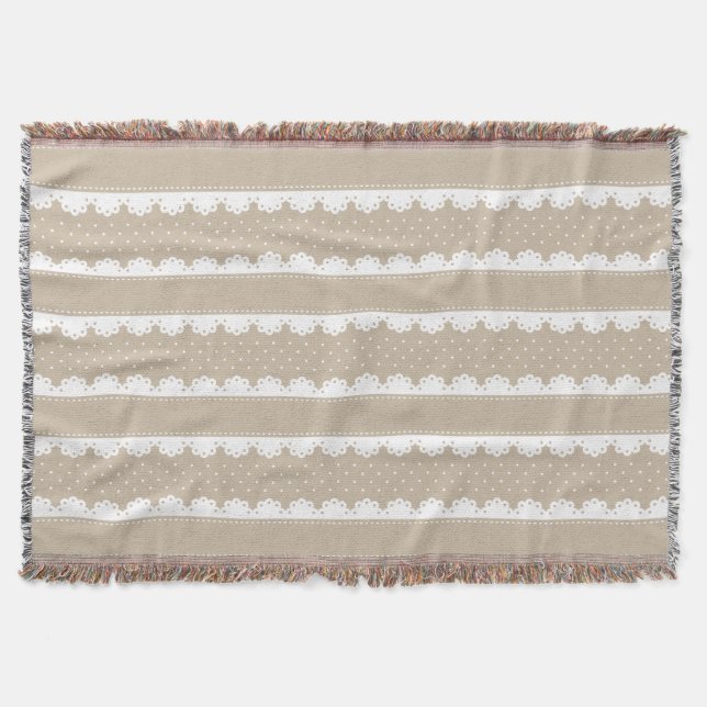 Cosy Beige & White Lace Striped Pattern Throw Blanket (Front)