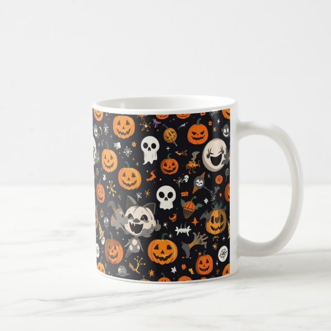 Cosy Black Background Ghost & Pumpkin All-Over Pat Coffee Mug (Right)