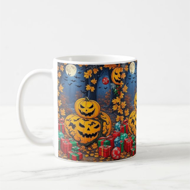 Cosy Black Background Ghost & Pumpkin All-Over Pat Coffee Mug (Left)