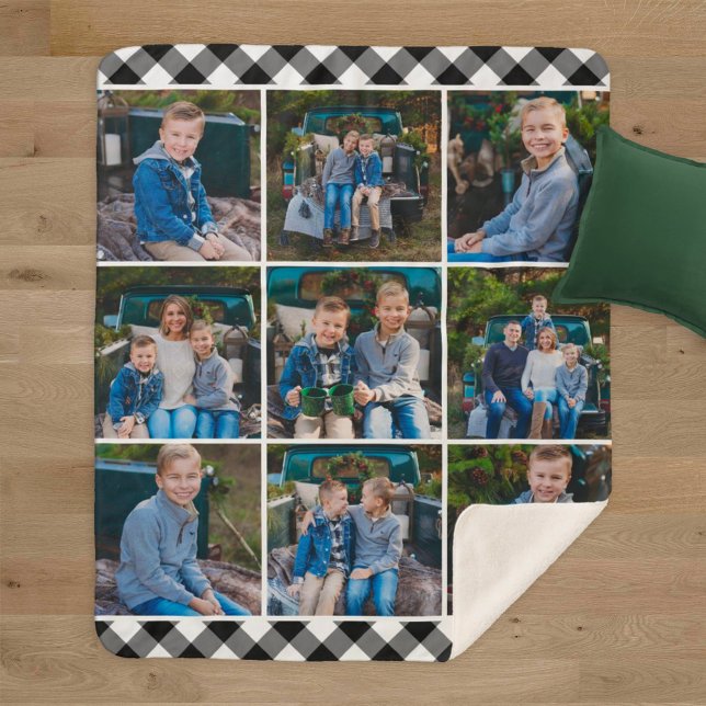 Cosy Black Buffalo Plaid Holiday Photo Collage Sherpa Blanket (Creator Uploaded)