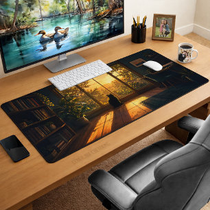 Cosy Black Cat Aesthetic Lofi Art Desk Mat