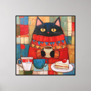 Cosy Black Cat Drinking Coffee At Cafe Canvas Print