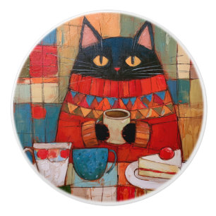 Cosy Black Cat Drinking Coffee At Cafe Ceramic Knob