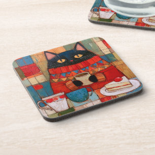 Cosy Black Cat Drinking Coffee At Cafe Coaster