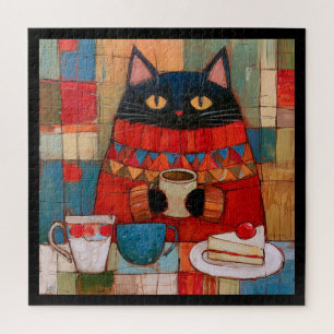 Cosy Black Cat Drinking Coffee At Cafe Jigsaw Puzzle