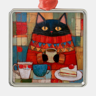 Cosy Black Cat Drinking Coffee At Cafe Metal Tree Decoration
