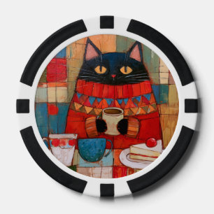 Cosy Black Cat Drinking Coffee At Cafe Poker Chips