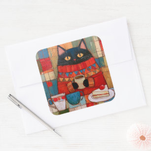 Cosy Black Cat Drinking Coffee At Cafe Square Sticker