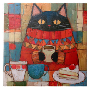 Cosy Black Cat Drinking Coffee At Cafe Tile