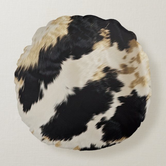 Cosy Black Cream Gold Southwest Cowhide Round Cushion (Front)