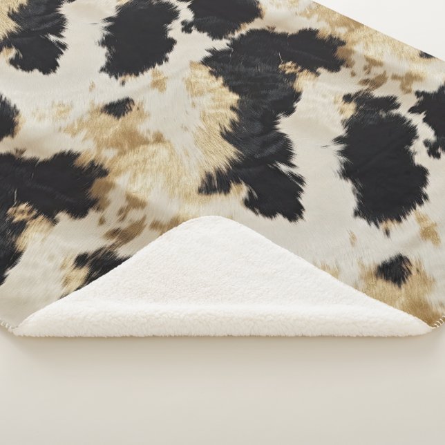 Cosy Black Cream Gold Southwest Cowhide Sherpa Blanket (3/4)