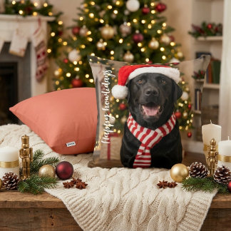 Cosy Black Labrador Happy Howlidays Design Cushion