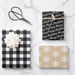 Cosy Black White Buffalo Plaid Merry Christmas Wrapping Paper Sheet