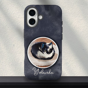 Cosy Black White Sleeping Cat Art Custom Name  iPhone 16 Case