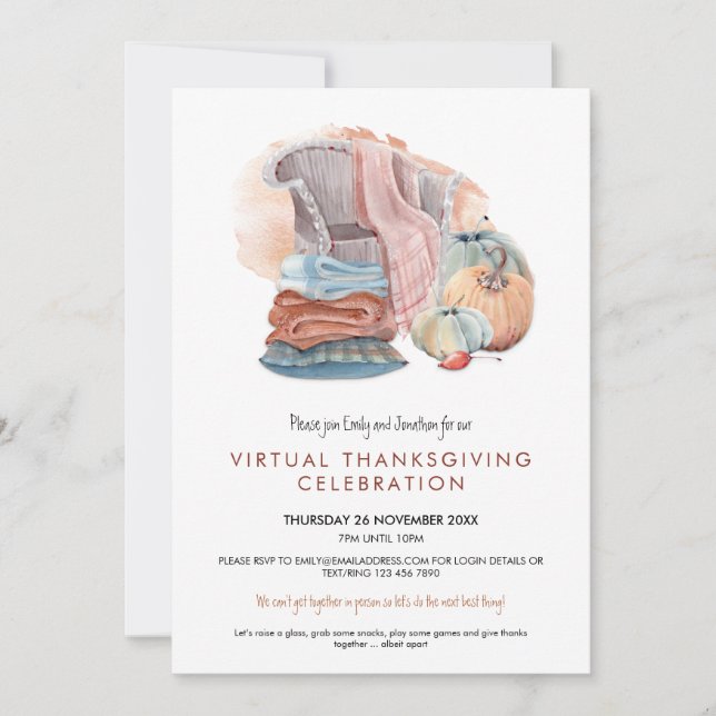 Cosy Blankets Pumpkins Virtual Thanksgiving Party Invitation (Front)