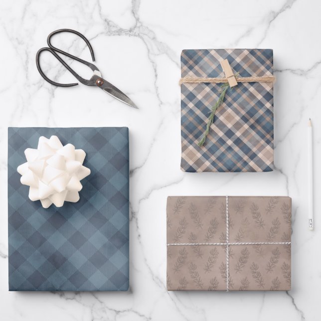 Cosy Blue and Tan Plaid Pine Cones and Home Wrappi Wrapping Paper Sheet (Front)