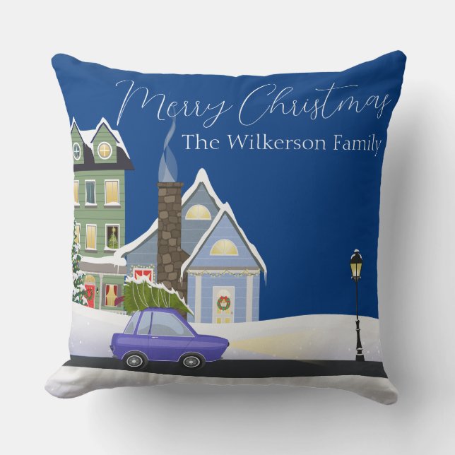 Cosy Blue Christmas Night in the Village  Cushion (Front)