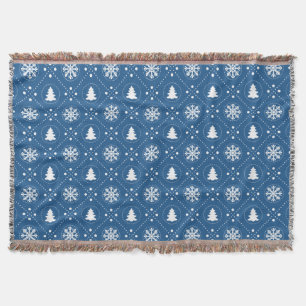 Cosy Blue White Snowflakes Christmas Trees Design Throw Blanket