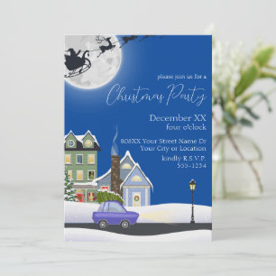 Cosy Blue Winter Night Village Christmas Party Invitation