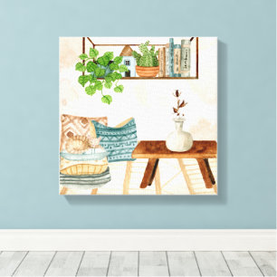 Cosy Bohemian Living Room Watercolor Art Canvas Print