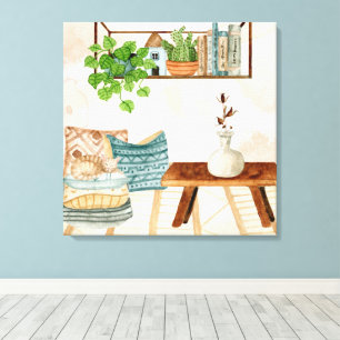 Cosy Bohemian Living Room Watercolor Art Canvas Print