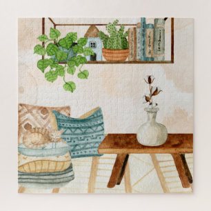 Cosy Bohemian Living Room Watercolor Art Jigsaw Puzzle