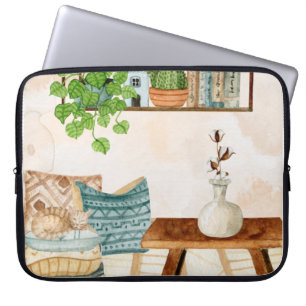 Cosy Bohemian Living Room Watercolor Art Laptop Sleeve