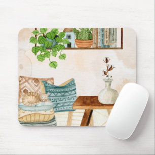 Cosy Bohemian Living Room Watercolor Art Mouse Mat