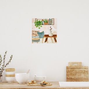 Cosy Bohemian Living Room Watercolor Art Poster