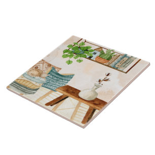 Cosy Bohemian Living Room Watercolor Art Tile