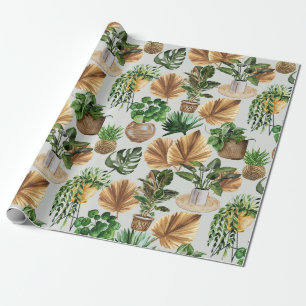 Cosy Boho Watercolor Pattern Indoor House Plants Wrapping Paper