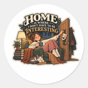 Cosy Book Lover Cat & Funny Introvert Quote Sticke Classic Round Sticker