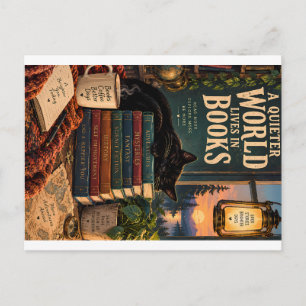 Cosy Book Nook Illustration with Sleeping Cat and Holiday Postcard