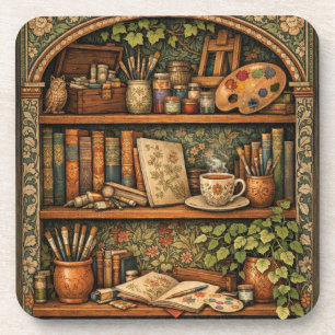 Cosy book shelf books artist supplies coffee coaster