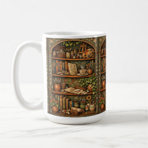 Cosy book shelf books artist supplies coffee mug