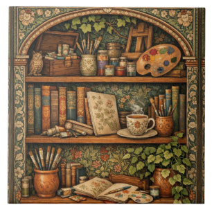Cosy book shelf books artist supplies coffee tile