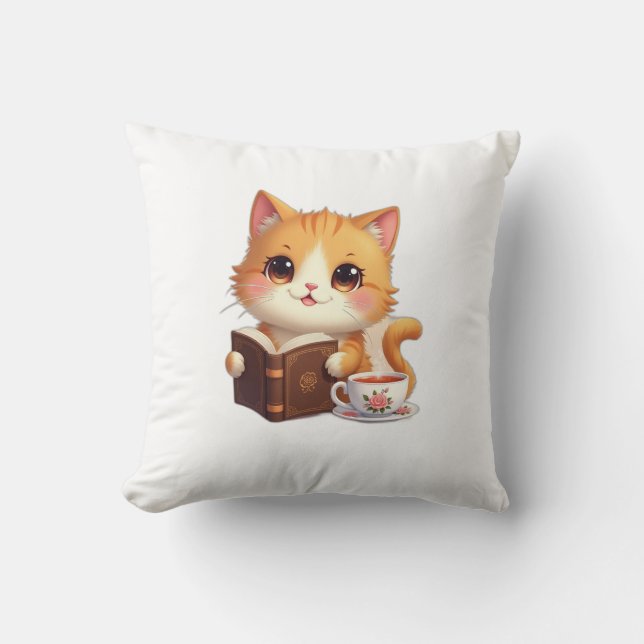 Cosy Bookish Cat Throw Pillow – Cute Tea & Reading (Front)