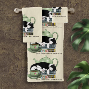 Cosy Books Cat Tuxedo Tea Cute Green Teapot Reader Bath Towel Set