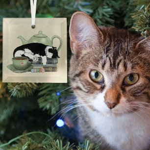 Cosy Books Cat Tuxedo Tea Cute Green Teapot Reader Ceramic Ornament