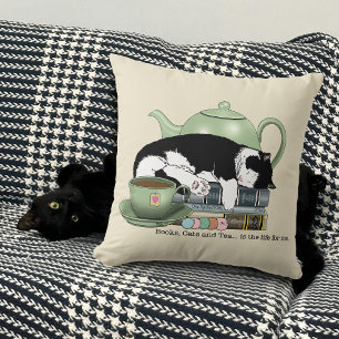 Cosy Books Cat Tuxedo Tea Cute Green Teapot Reader Cushion