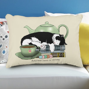 Cosy Books Cat Tuxedo Tea Cute Green Teapot Reader Decorative Cushion