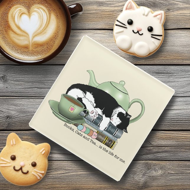 Cosy Books Cat Tuxedo Tea Cute Green Teapot Reader Glass Coaster (Creator Uploaded)