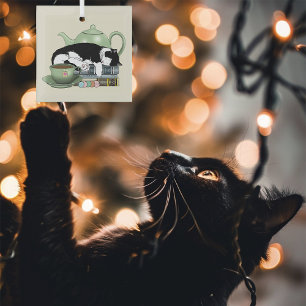 Cosy Books Cat Tuxedo Tea Cute Green Teapot Reader Glass Tree Decoration