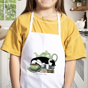 Cosy Books Cat Tuxedo Tea Cute Green Teapot Reader Kids Apron