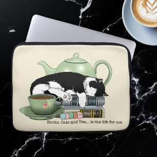 Cosy Books Cat Tuxedo Tea Cute Green Teapot Reader Laptop Sleeve